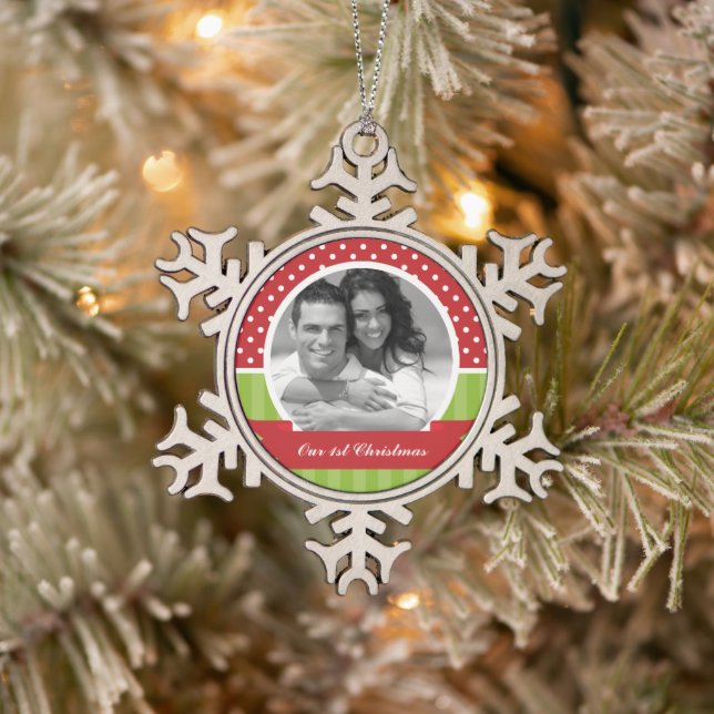 Red and Green Christmas Custom Photo Snowflake Pewter Christmas Ornament (Tree)