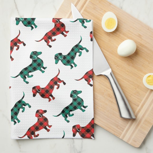 Red and Green Christmas Dachshunds Country Kitchen Tea Towel (Quarter Fold)