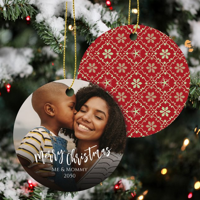 Red and Green Christmas Family Photo Custom Ceramic Tree Decoration (Merry christmas photo custom ornament. )