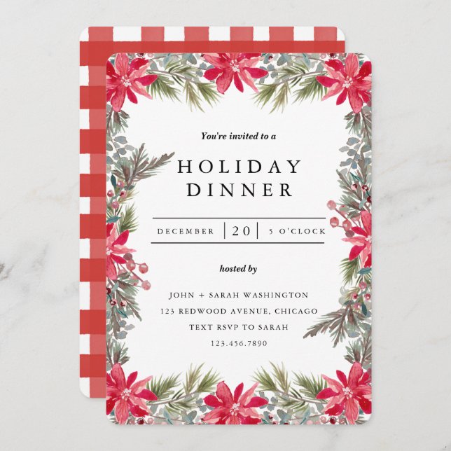 Red and Green Christmas Foliage Dinner Party Invitation (Front/Back)