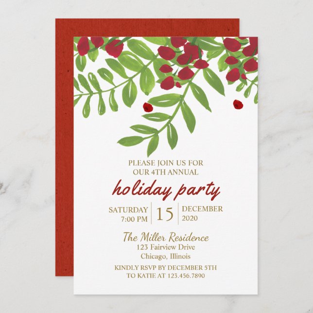 Red and Green Christmas Foliage Holiday Party Invitation (Front/Back)