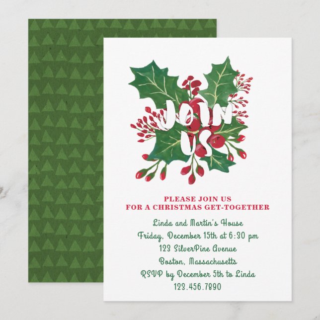 Red and Green Christmas Foliage Join Us Party Invitation (Front/Back)