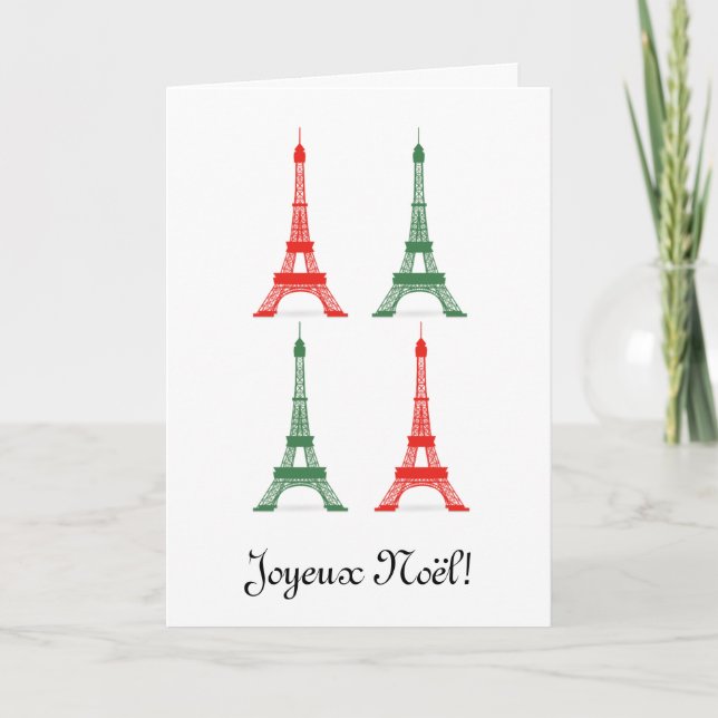 Red and Green Christmas French Theme Eiffel Towers Holiday Card (Front)