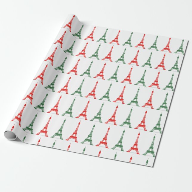 Red and Green Christmas French Theme Eiffel Towers Wrapping Paper (Unrolled)