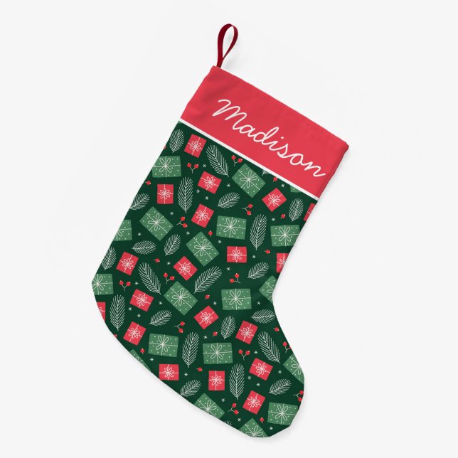 Red and Green Christmas Gift Pattern Personalised Small Christmas Stocking (Front (Hanging))