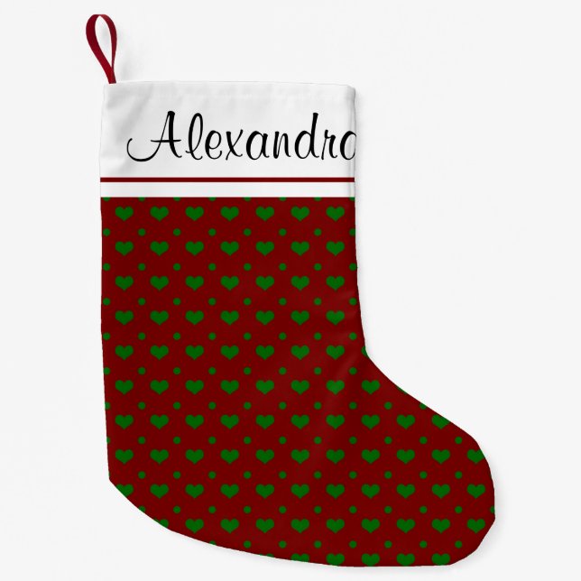 Red and Green Christmas Heart Pattern Monogram Small Christmas Stocking (Front)