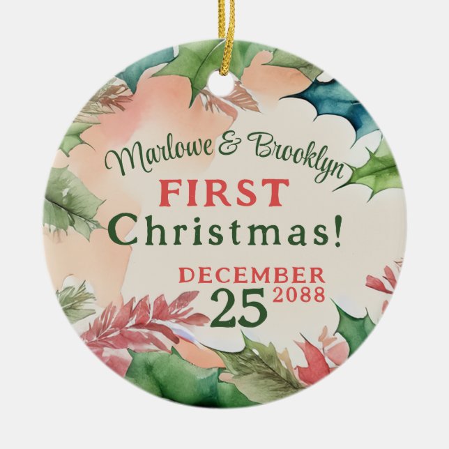 Red and Green Christmas Holiday Engagement Photo Ceramic Tree Decoration (Front)