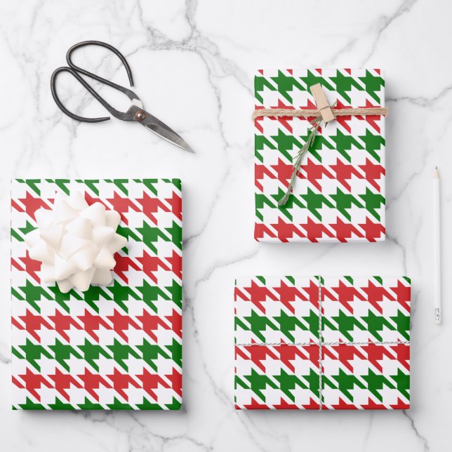 Red and Green Christmas Houndstooth Pattern Wrapping Paper Sheet (Front)