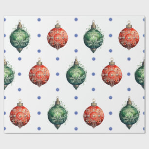 Red and Green Christmas Ornaments on White Wrapping Paper