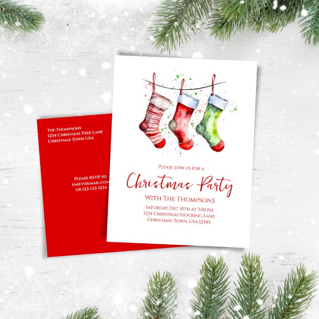 Red and Green Christmas Party Stockings Holiday Postcard (Whimsical Christmas party invitation postcard. )
