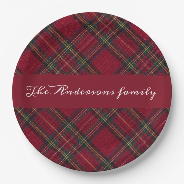  Red and green  Christmas plaid family name Paper Plate (Front)