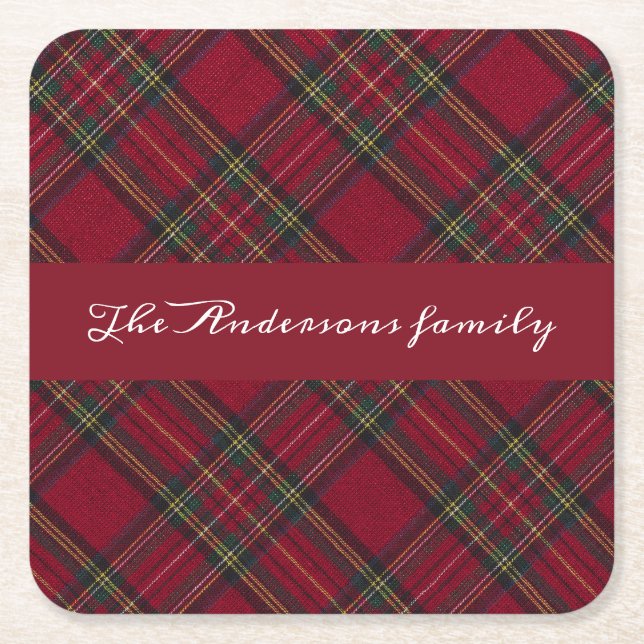  Red and green  Christmas plaid family name Square Paper Coaster (Front)