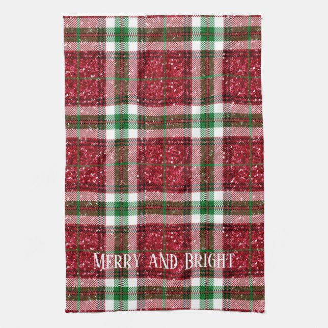 Red and Green Christmas Plaid Merry and Bright Tea Towel (Vertical)