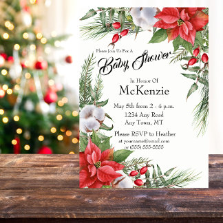 Red and Green Christmas Poinsettia Baby Shower Invitation