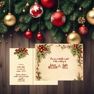 Red and Green Christmas Poinsettia Wedding Invitation Postcard