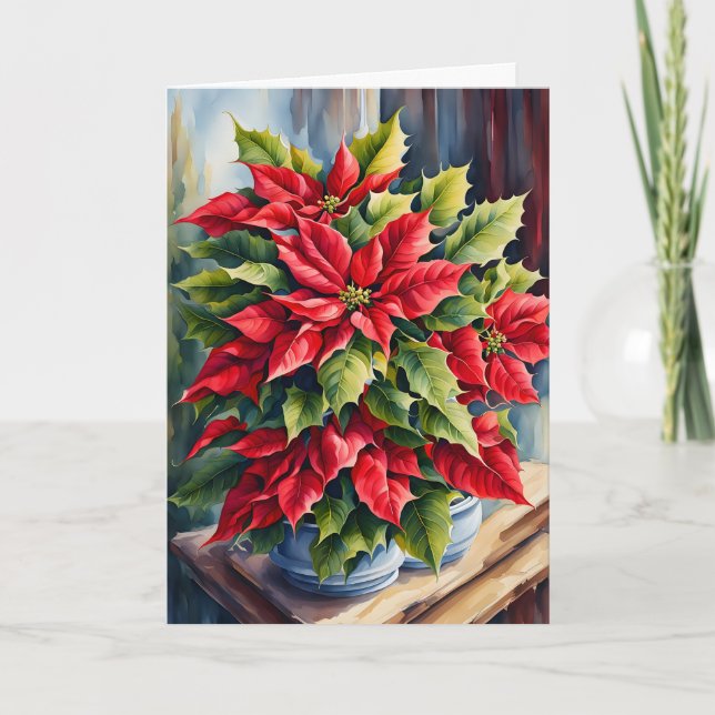 Red and Green Christmas Poinsettias Card (Front)
