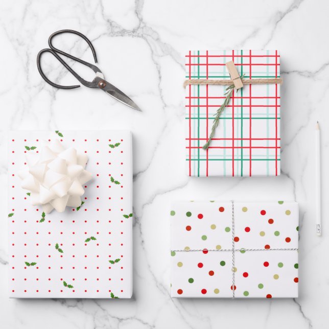 Red and Green Christmas Set of 3 Wrapping Paper Sheet (Front)
