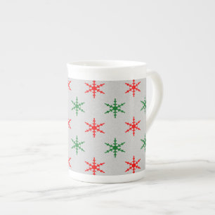Red and green christmas snowflakes bone china mug