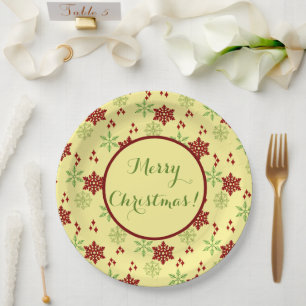 Red and Green Christmas Snowflakes Paper Plate