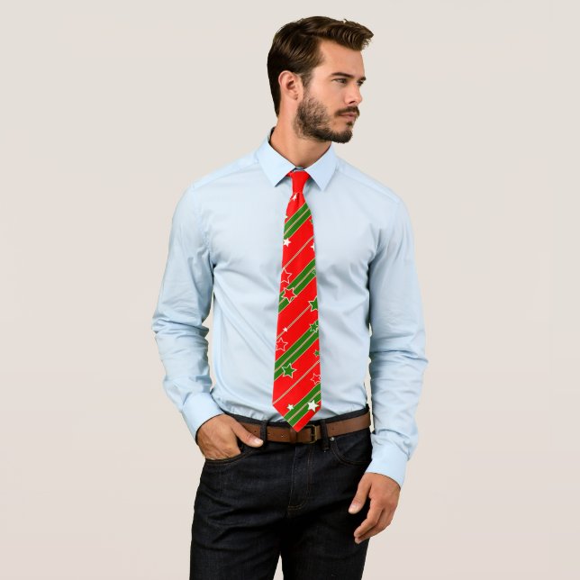 Red and Green Christmas Star Pattern Tie (In Situ)