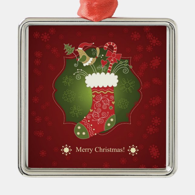Red And Green Christmas Stocking Metal Tree Decoration (Front)