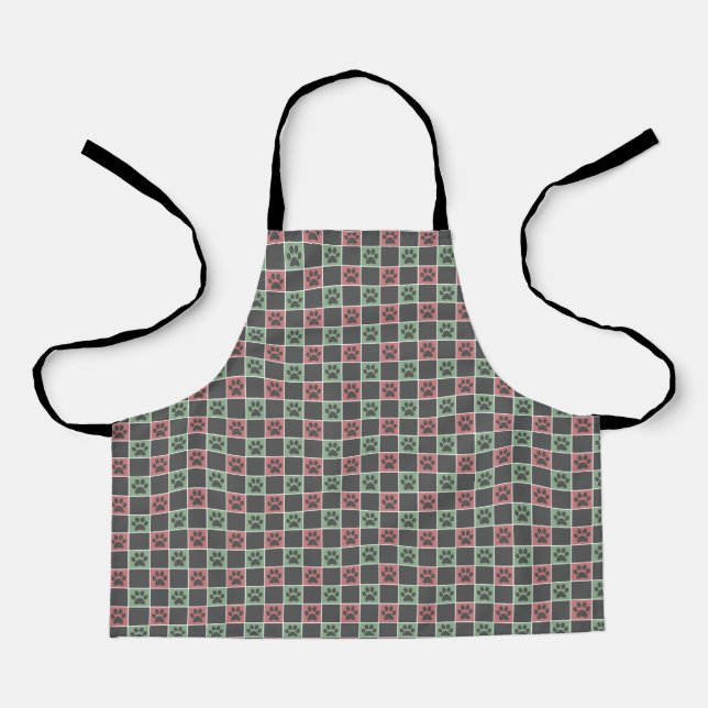 Red and green Christmas Themed Paw print pattern Apron (Front)