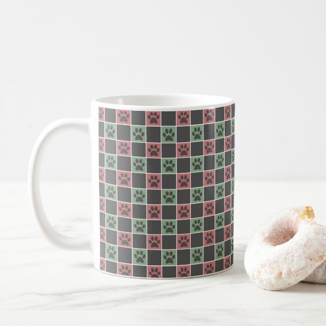 Red and green Christmas Themed Paw print pattern  Coffee Mug (With Donut)