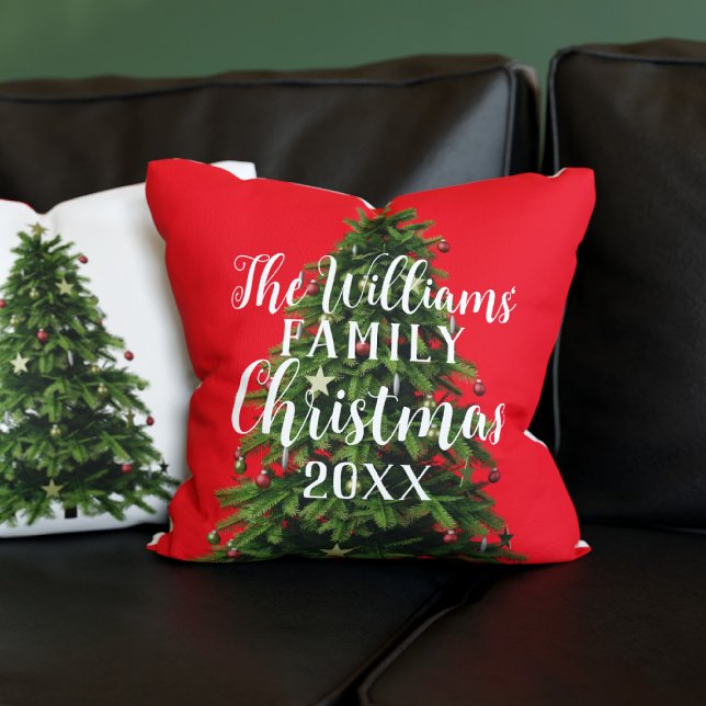 Red and Green Christmas Tree Festive Throw Pillow (Add your family name and year established to this festive red throw pillow. It's double sided!)