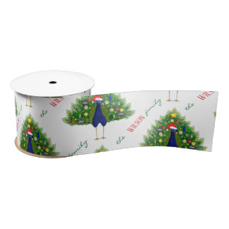 Red and Green Christmas Tree Peacock Pattern Satin Ribbon