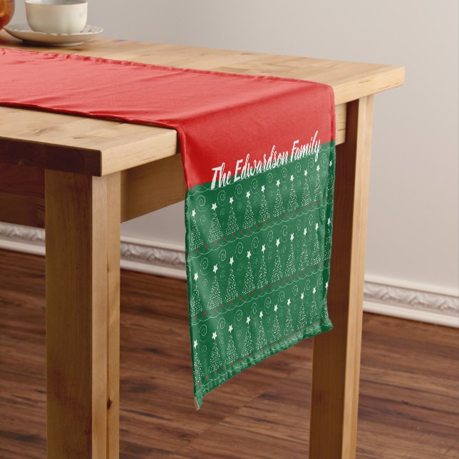 Red and green Christmas trees border family name Short Table Runner (In Situ)