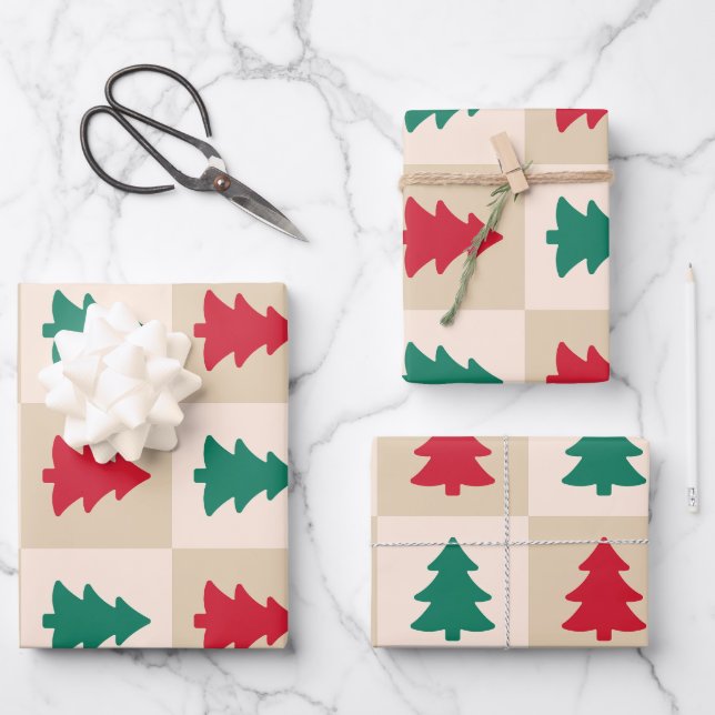 Red and Green Christmas Trees Pattern Wrapping Paper Sheet (Front)