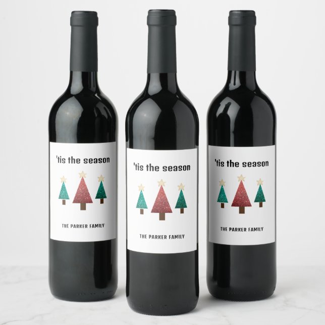 Red and Green Christmas Trees  Wine Label (Bottles)