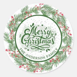 Red And Green Christmas Wreath  Classic Round Sticker