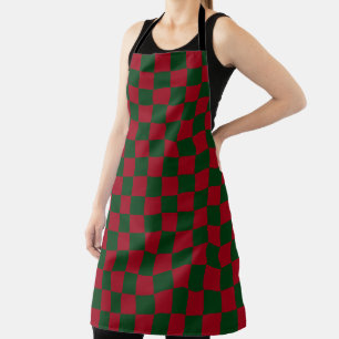 Red and Green Classic Christmas Chequerboard Print Apron