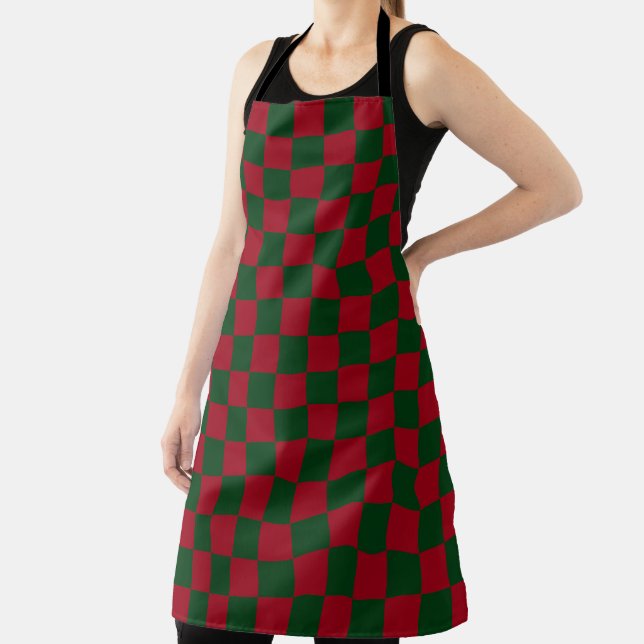 Red and Green Classic Christmas Chequerboard Print Apron (Insitu)