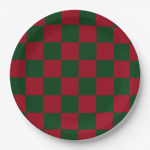 Red and Green Classic Christmas Chequerboard Print Paper Plate