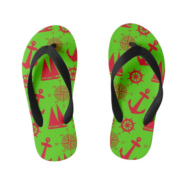 Red And Green Coastal Nautical Christmas Holiday Kid's Flip Flops (Footbed)