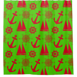 Red And Green Coastal Nautical Christmas Holiday Shower Curtain