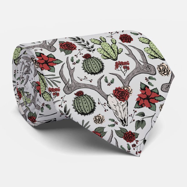 Red and Green Country Christmas Deer Head Antlers Tie (Rolled)