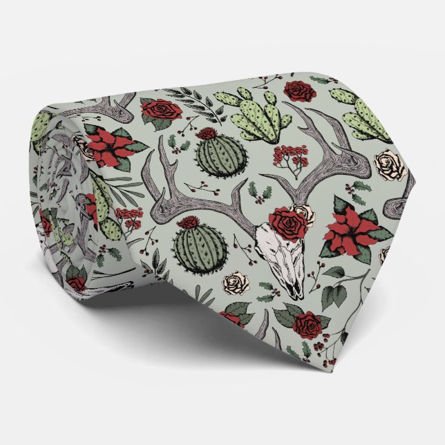 Red and Green Country Christmas Deer Head Antlers Tie (Rolled)