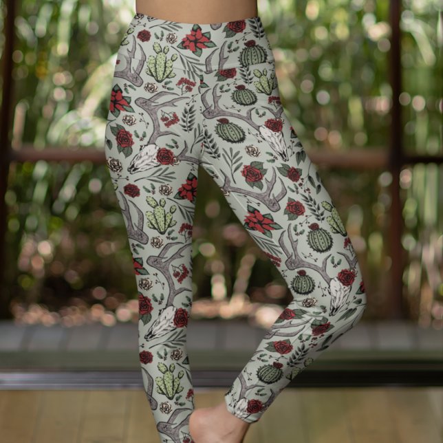 Red and Green Country Cowgirl Deer Skull & Antlers Leggings (Southwestern Hand Drawn Pattern. Reindeer Skulls, Red Roses, Cactus Plants, Poinsettias. Sage Green)