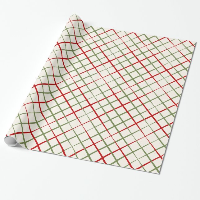 Red and Green Crosshatch Plaid on Cream Wrapping Paper (Unrolled)