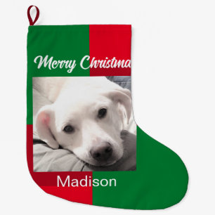 Red and Green Cute Dog Holiday Frame Large Christmas Stocking