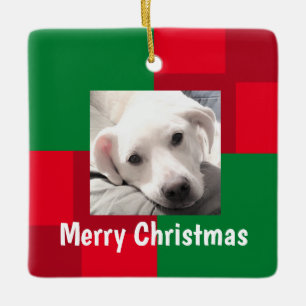 Red and Green Cute Dog Photo Holiday Ceramic Ornament