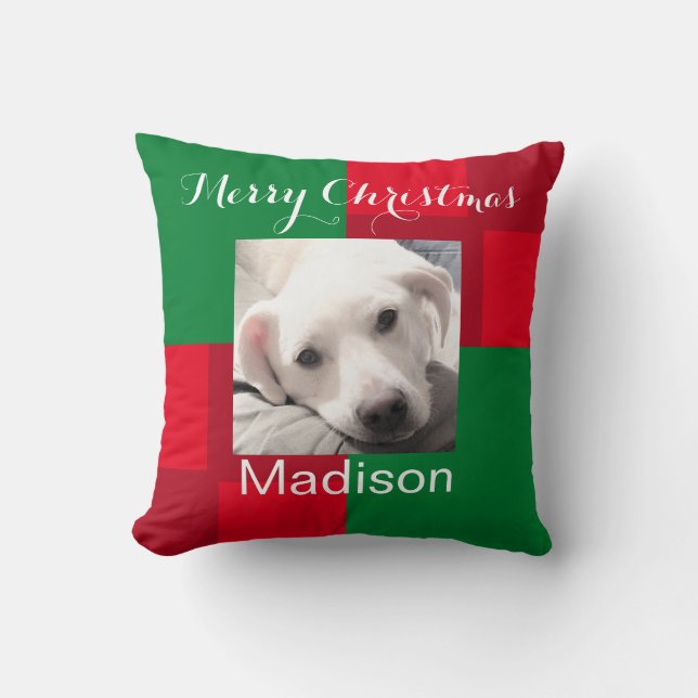 Red and Green Cute Dog Photo Holiday Cushion (Front)