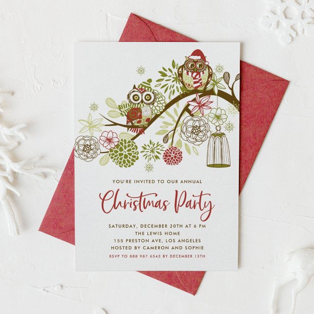 Red and Green Cute Festive Owls Christmas Party Invitation (Creator Uploaded)
