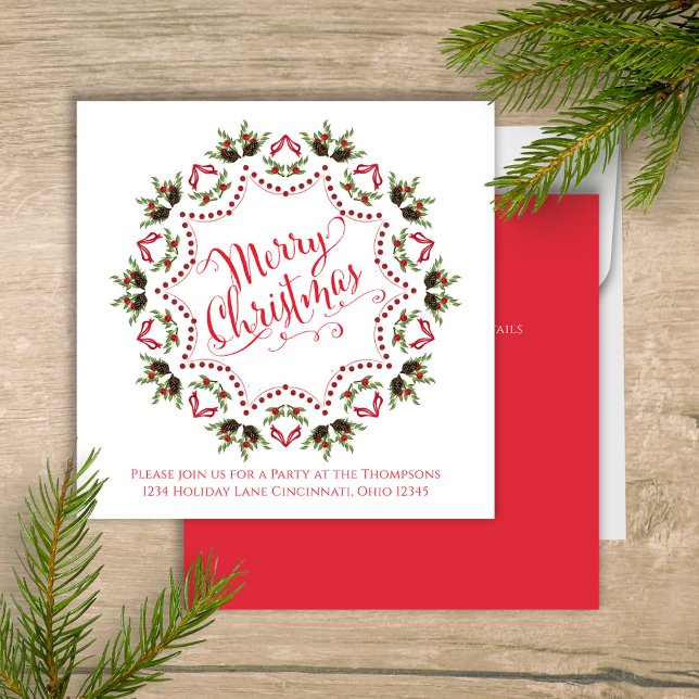 Red and Green Cute Merry Christmas Party Invitation (Merry Christmas holiday party invitation with whimsical calligraphy script. )