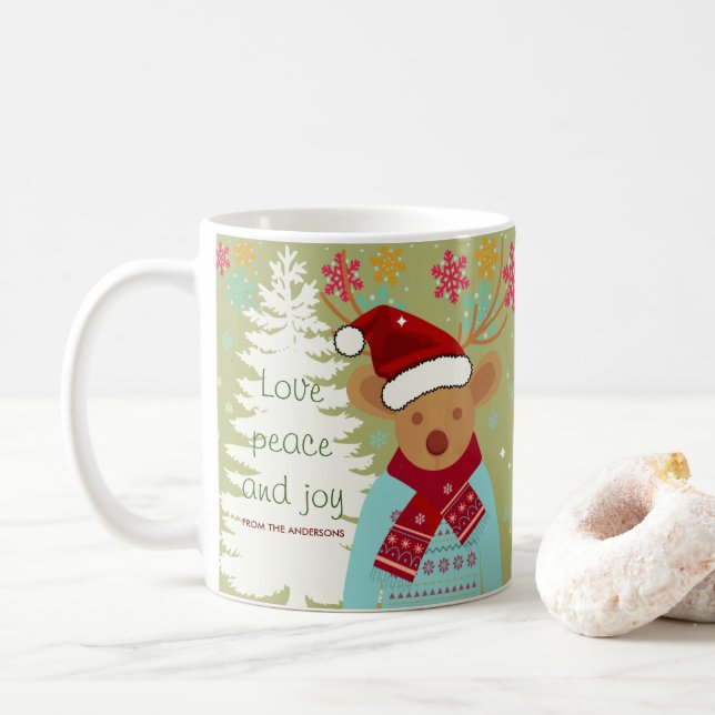 Red and Green Cute Reindeer Christmas Tree Holiday Coffee Mug (With Donut)