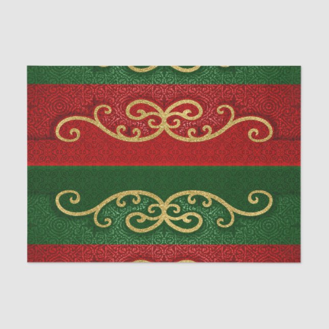Red and Green Damask Elegance with Gold Accents Tissue Paper (Front)