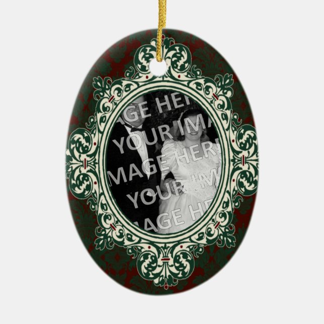 Red and Green Damask Oval Frame First Christmas Ceramic Tree Decoration (Front)